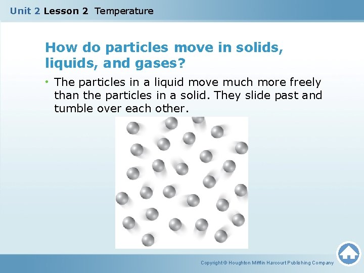 Unit 2 Lesson 2 Temperature How do particles move in solids, liquids, and gases?