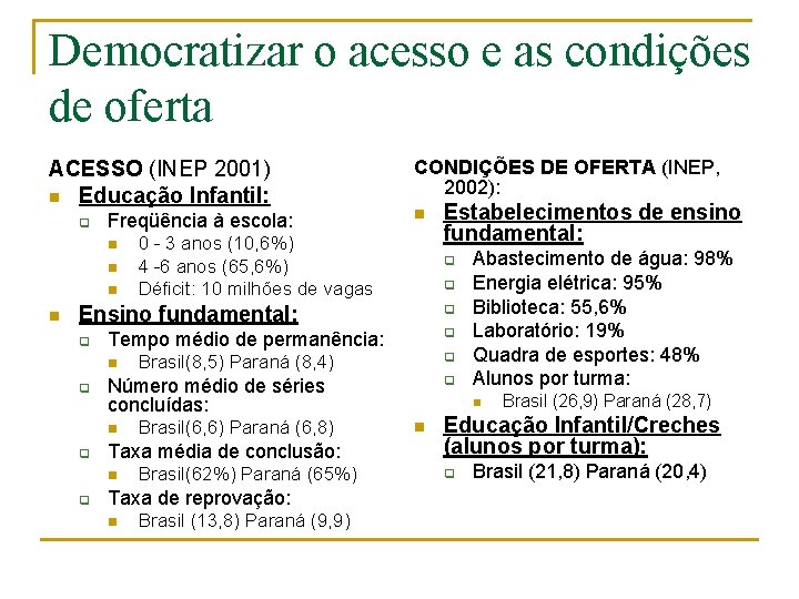 Democratizar o acesso e as condições de oferta ACESSO (INEP 2001) n Educação Infantil: