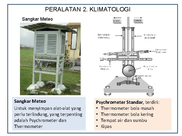 PERALATAN 2. KLIMATOLOGI Sangkar Meteo Untuk menyimpan alat-alat yang perlu terlindung, yang terpenting adalah