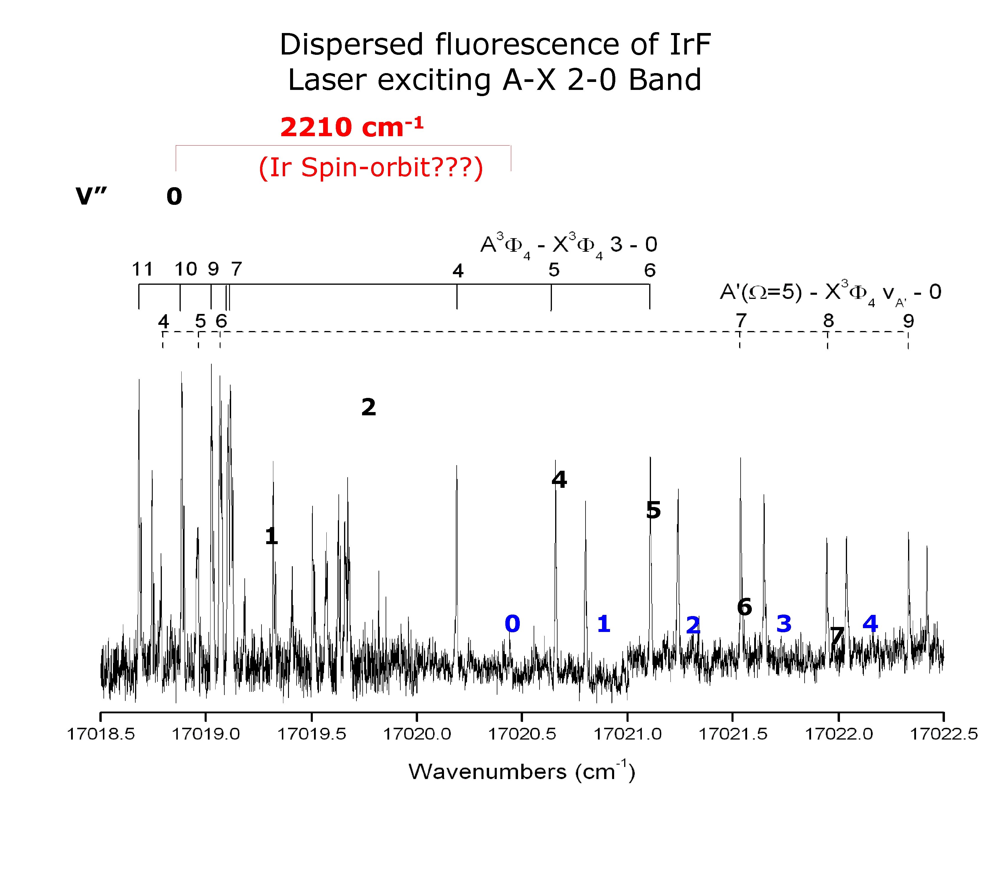 Dispersed fluorescence of Ir. F Laser exciting A-X 2 -0 Band 2210 V” 0