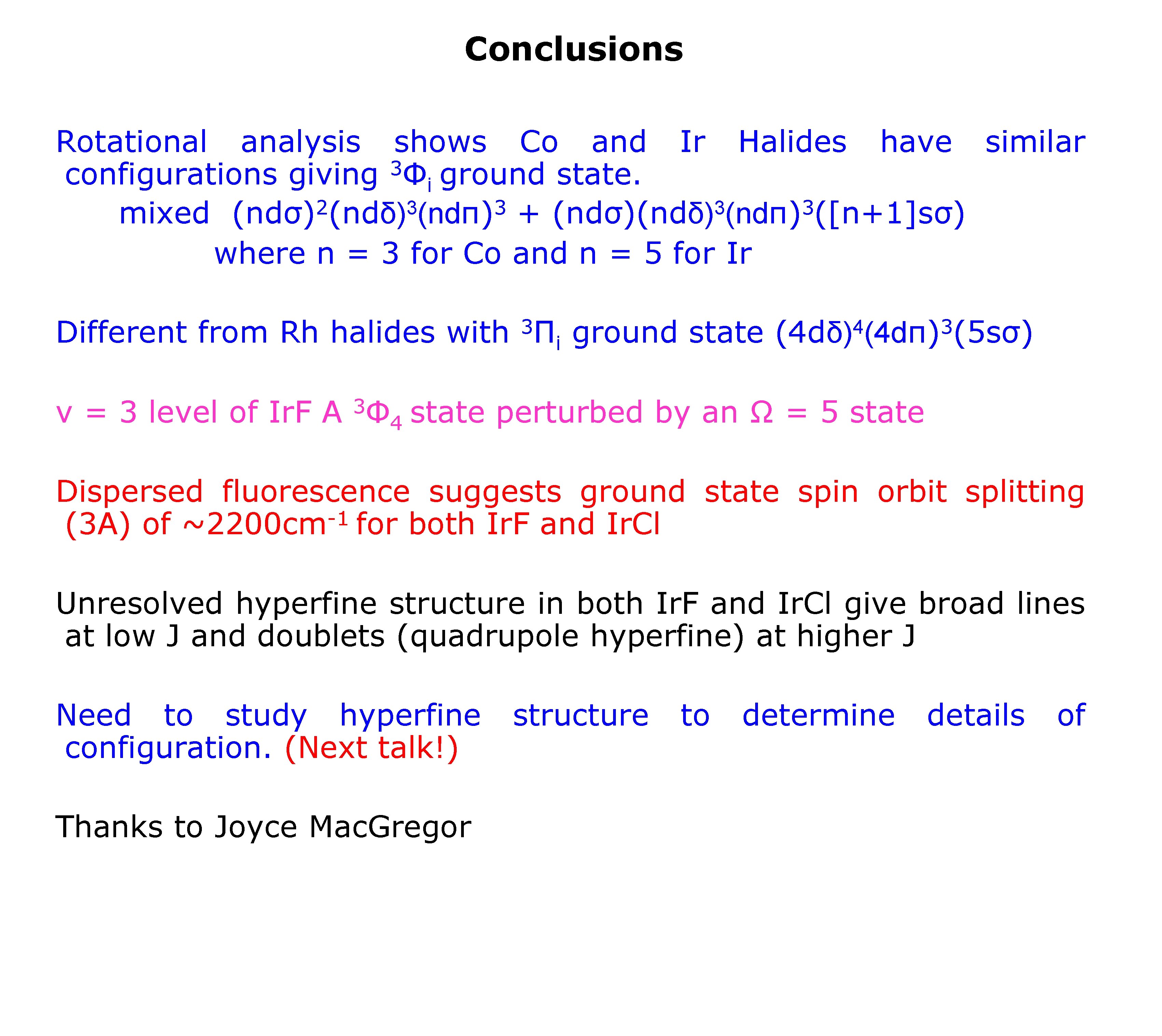 Conclusions Rotational analysis shows Co and Ir Halides have similar 3 configurations giving Φi