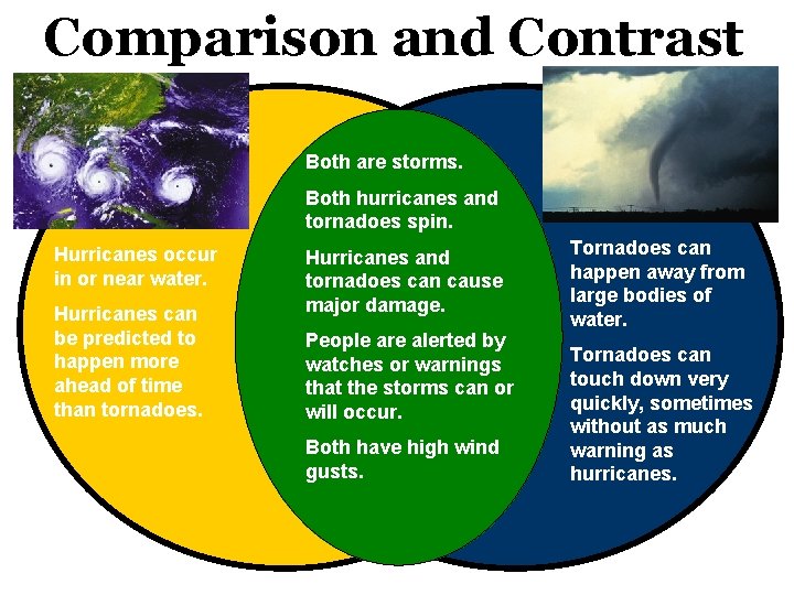 Comparison and Contrast Both are storms. Both hurricanes and tornadoes spin. Hurricanes occur in