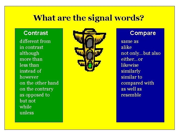 What are the signal words? Contrast different from in contrast although more than less