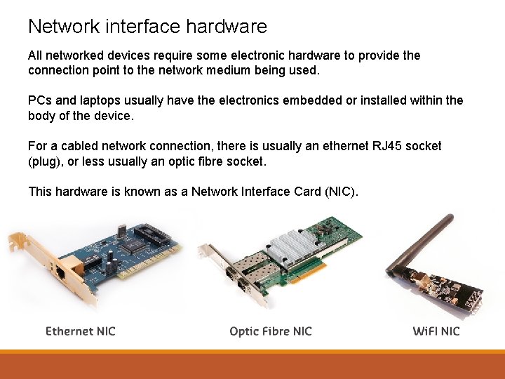 Network interface hardware All networked devices require some electronic hardware to provide the connection