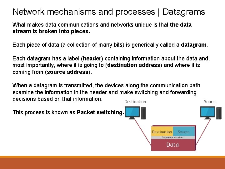 Network mechanisms and processes | Datagrams What makes data communications and networks unique is