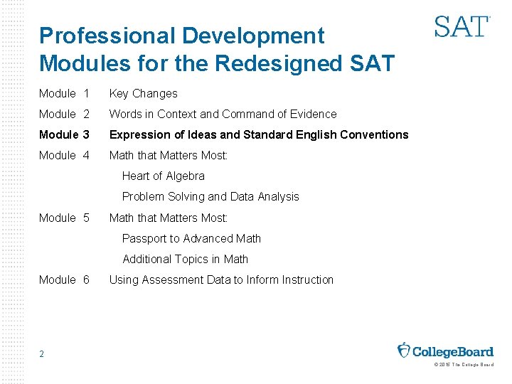 Professional Development Modules for the Redesigned SAT Module 1 Key Changes Module 2 Words