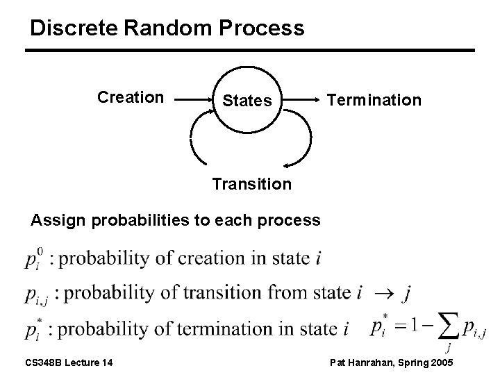 Discrete Random Process Creation States Termination Transition Assign probabilities to each process CS 348