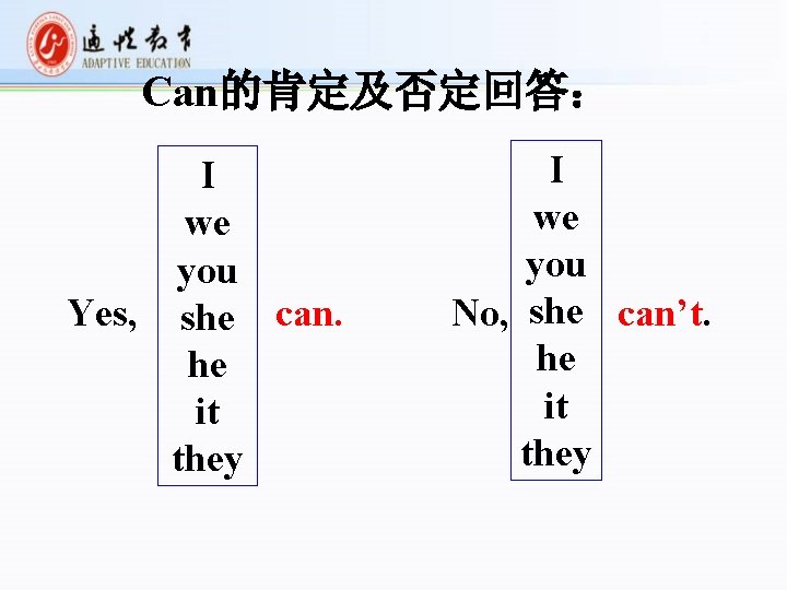 Can的肯定及否定回答： I we you Yes, she can. he it they I we you No,