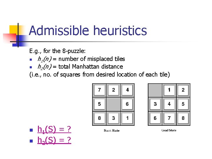 Admissible heuristics E. g. , for the 8 -puzzle: n h 1(n) = number
