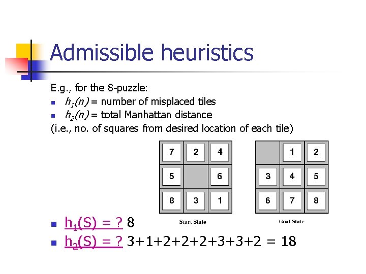 Admissible heuristics E. g. , for the 8 -puzzle: n h 1(n) = number