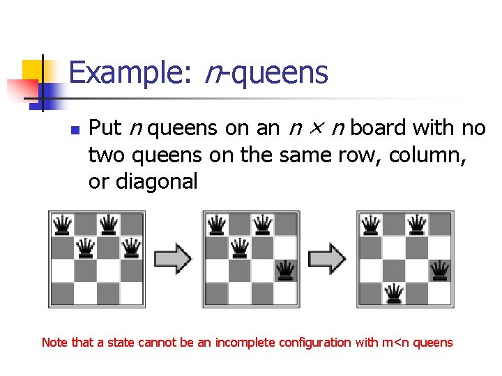 Example: n-queens n Put n queens on an n × n board with no