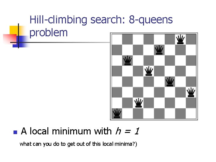 Hill-climbing search: 8 -queens problem n A local minimum with h = 1 what