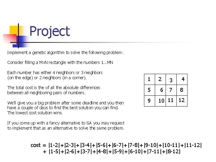 Project Implement a genetic algorithm to solve the following problem: Consider filling a Mx.