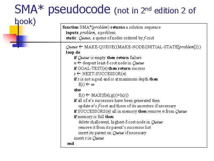 SMA* pseudocode book) (not in 2 nd edition 2 of function SMA*(problem) returns a