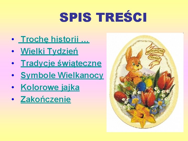 SPIS TREŚCI • • • Trochę historii … Wielki Tydzień Tradycje świąteczne Symbole Wielkanocy