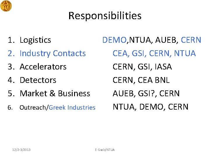 Responsibilities 1. 2. 3. 4. 5. Logistics Industry Contacts Accelerators Detectors Market & Business