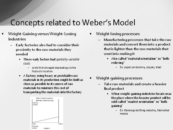 Concepts related to Weber’s Model • Weight-Gaining versus Weight-Losing Industries • – Manufacturing processes