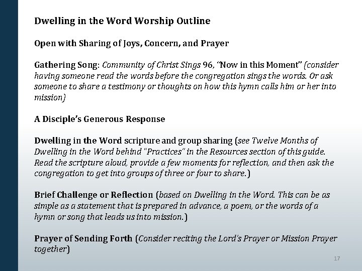 Dwelling in the Word Worship Outline Open with Sharing of Joys, Concern, and Prayer