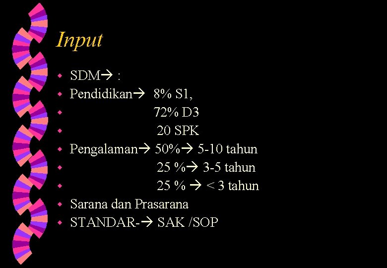 Input SDM : w Pendidikan 8% S 1, w 72% D 3 w 20 Input SDM : w Pendidikan 8% S 1, w 72% D 3 w 20