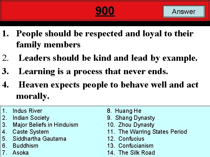 900 Answer 1. People should be respected and loyal to their family members 2.