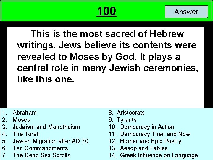 100 Answer This is the most sacred of Hebrew writings. Jews believe its contents