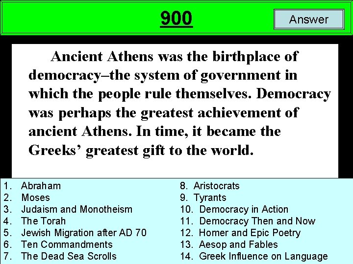 900 Answer Ancient Athens was the birthplace of democracy–the system of government in which