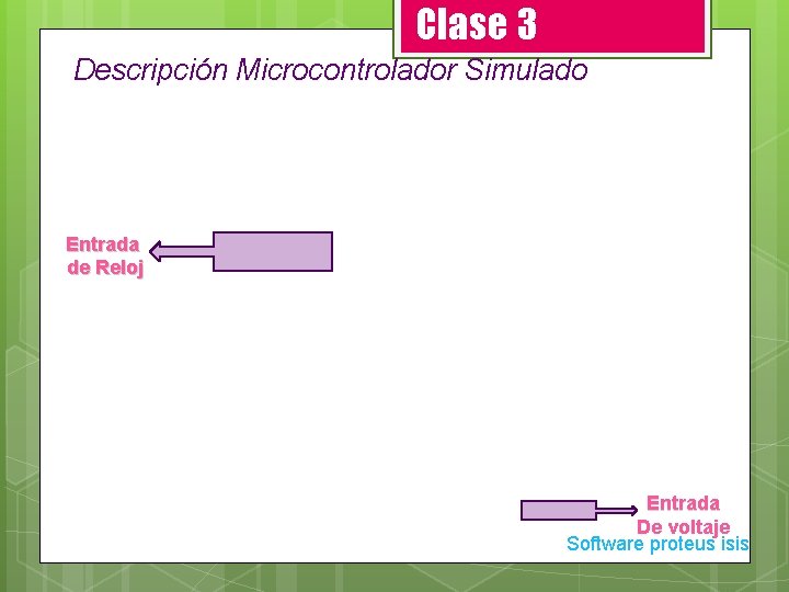 Clase 3 Descripción Microcontrolador Simulado Entrada de Reloj Entrada De voltaje Software proteus isis