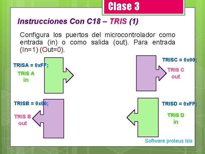 Clase 3 Instrucciones Con C 18 – TRIS (1) Configura los puertos del microcontrolador