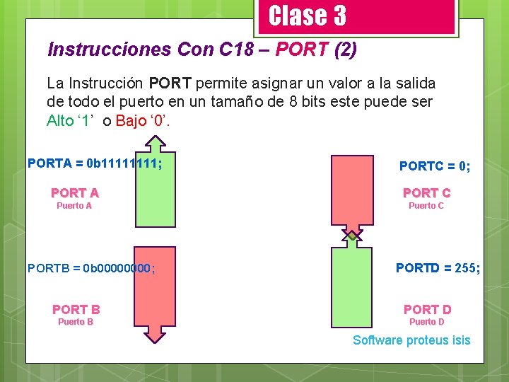 Clase 3 Instrucciones Con C 18 – PORT (2) La Instrucción PORT permite asignar