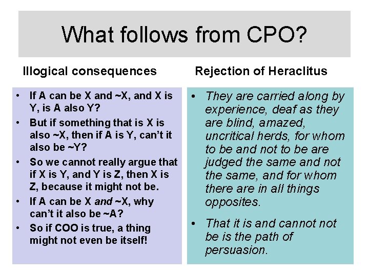 What follows from CPO? Illogical consequences • If A can be X and ~X,