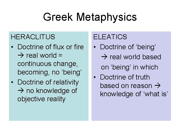 Greek Metaphysics HERACLITUS • Doctrine of flux or fire real world = continuous change,