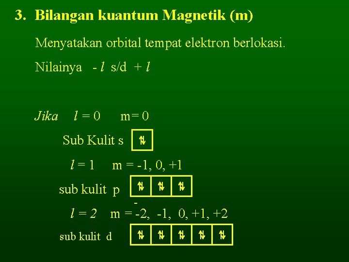 3. Bilangan kuantum Magnetik (m) Menyatakan orbital tempat elektron berlokasi. Nilainya - l s/d