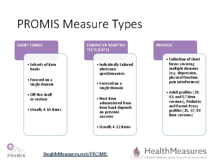 PROMIS Measure Types SHORT FORMS COMPUTER ADAPTIVE TESTS (CATs) • Subsets of item banks