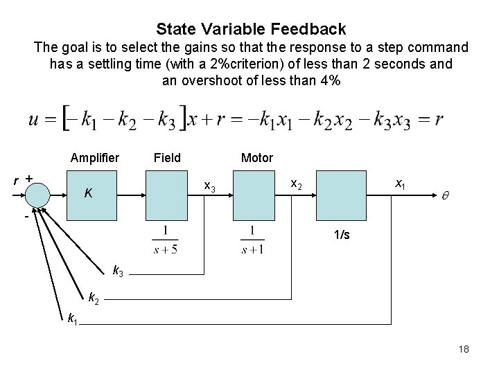 State Variable Feedback The goal is to select the gains so that the response