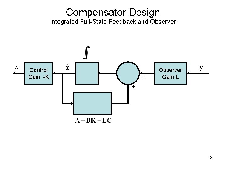Compensator Design Integrated Full-State Feedback and Observer u Control Gain -K + Observer Gain