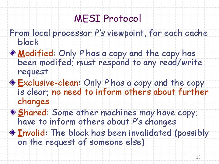 MESI Protocol From local processor P’s viewpoint, for each cache block Modified: Only P