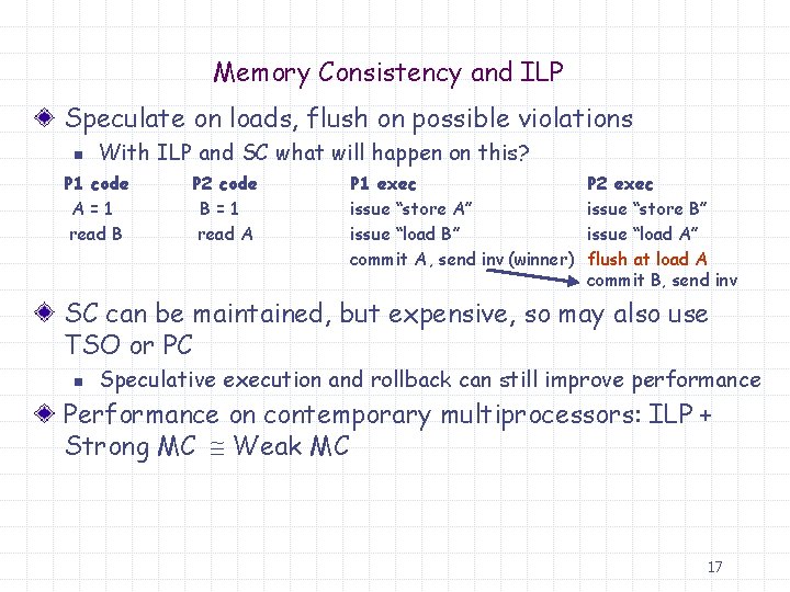 Memory Consistency and ILP Speculate on loads, flush on possible violations n With ILP
