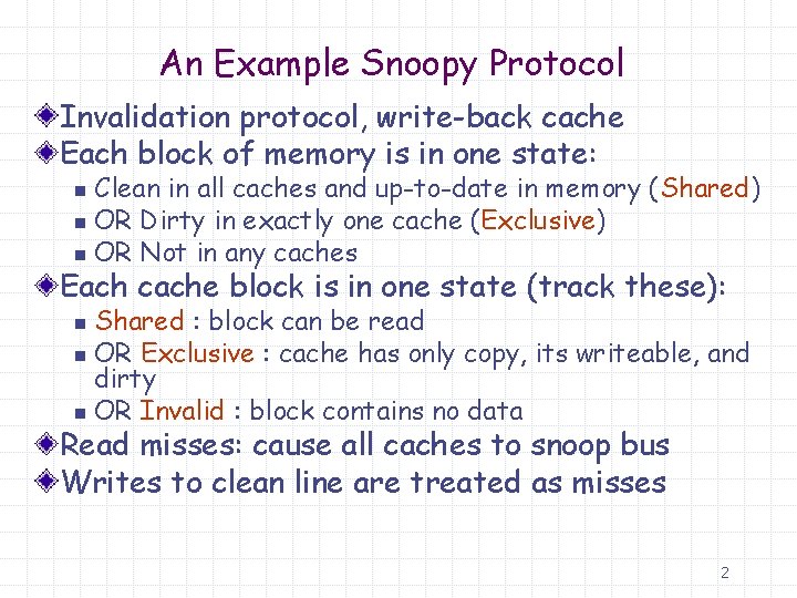 An Example Snoopy Protocol Invalidation protocol, write-back cache Each block of memory is in