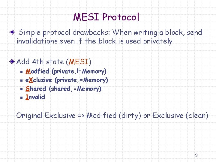 MESI Protocol Simple protocol drawbacks: When writing a block, send invalidations even if the