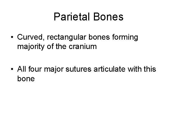 Parietal Bones • Curved, rectangular bones forming majority of the cranium • All four