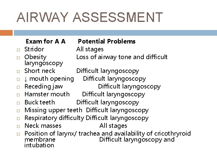 AIRWAY ASSESSMENT Exam for A A Potential Problems Stridor All stages Obesity Loss of