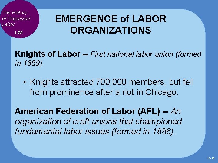 The History of Organized Labor LG 1 EMERGENCE of LABOR ORGANIZATIONS Knights of Labor The History of Organized Labor LG 1 EMERGENCE of LABOR ORGANIZATIONS Knights of Labor