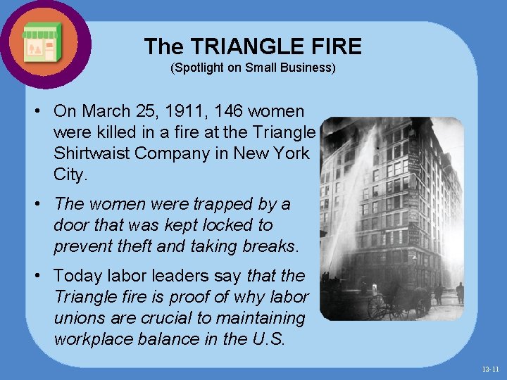 The TRIANGLE FIRE (Spotlight on Small Business) • On March 25, 1911, 146 women The TRIANGLE FIRE (Spotlight on Small Business) • On March 25, 1911, 146 women