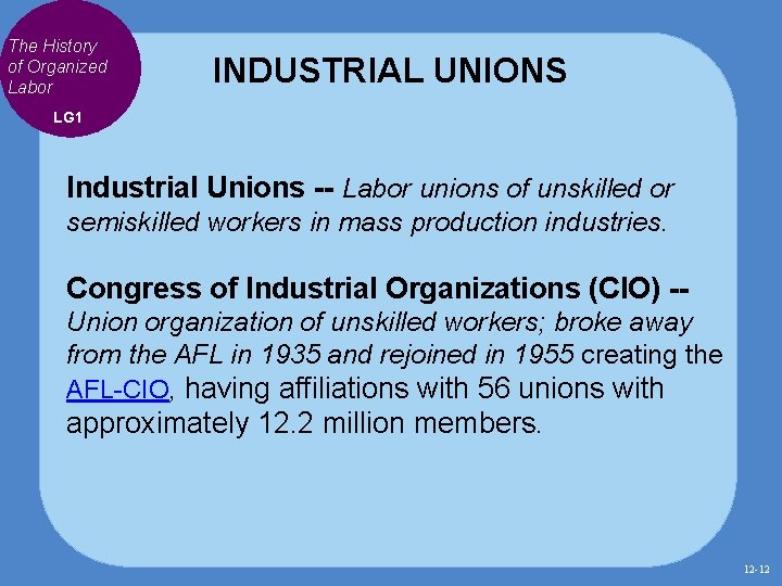 The History of Organized Labor INDUSTRIAL UNIONS LG 1 Industrial Unions -- Labor unions The History of Organized Labor INDUSTRIAL UNIONS LG 1 Industrial Unions -- Labor unions