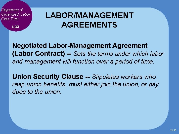 Objectives of Organized Labor Over Time LG 3 LABOR/MANAGEMENT AGREEMENTS Negotiated Labor-Management Agreement (Labor Objectives of Organized Labor Over Time LG 3 LABOR/MANAGEMENT AGREEMENTS Negotiated Labor-Management Agreement (Labor