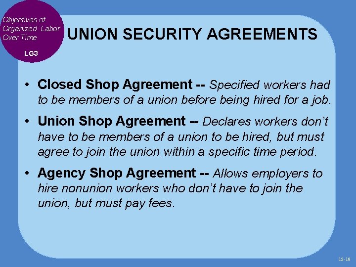 Objectives of Organized Labor Over Time UNION SECURITY AGREEMENTS LG 3 • Closed Shop Objectives of Organized Labor Over Time UNION SECURITY AGREEMENTS LG 3 • Closed Shop