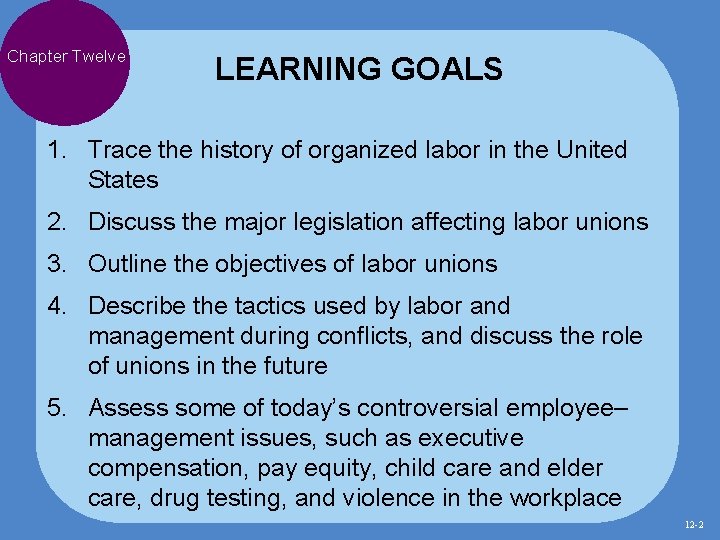 Chapter Twelve LEARNING GOALS 1. Trace the history of organized labor in the United Chapter Twelve LEARNING GOALS 1. Trace the history of organized labor in the United