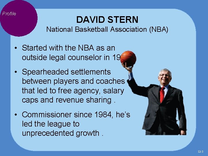 Profile DAVID STERN National Basketball Association (NBA) • Started with the NBA as an Profile DAVID STERN National Basketball Association (NBA) • Started with the NBA as an