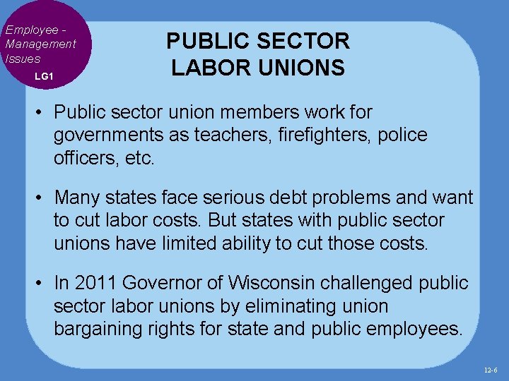 Employee Management Issues LG 1 PUBLIC SECTOR LABOR UNIONS • Public sector union members Employee Management Issues LG 1 PUBLIC SECTOR LABOR UNIONS • Public sector union members