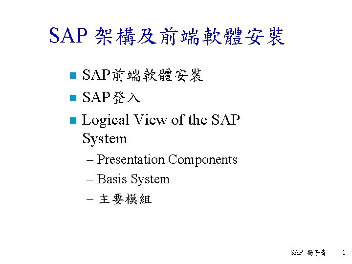 SAP 架構及前端軟體安裝 n n n SAP前端軟體安裝 SAP登入 Logical View of the SAP System –